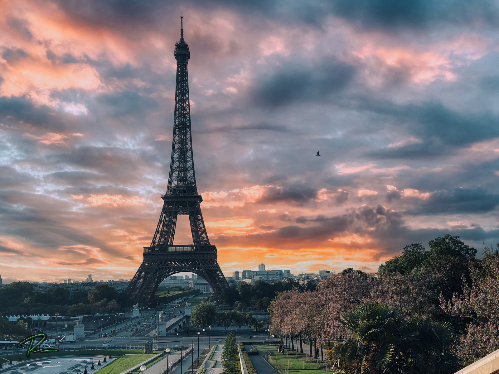 Aerial city scene at sunset